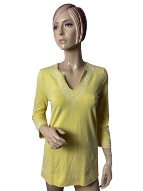 Lilly Pulitzer Yellow Embroidered Tunic Top V Neck 3/4 Sleeve Small